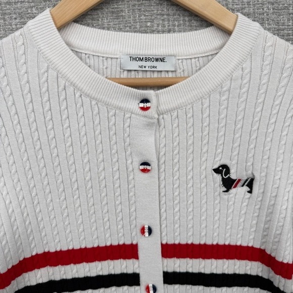 Thom Browne Cable Knit Cardigan Women White Hector Dog Stripe Preppy Luxury - Picture 3 of 12